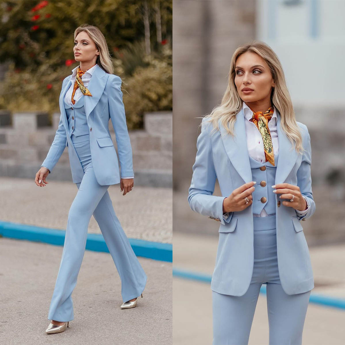 Women Formal Wear With Tie - Women Formal Suits Sky Blue Peaked