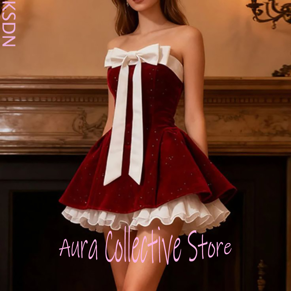 Large Women'S Formal Wear - Burgundy Velvet Strapless Women Mini Dress