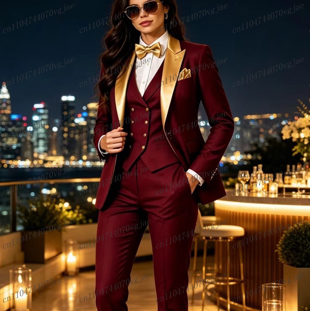 Blazer Set Women Formal - Gold Collar And Burgundy Formal Business