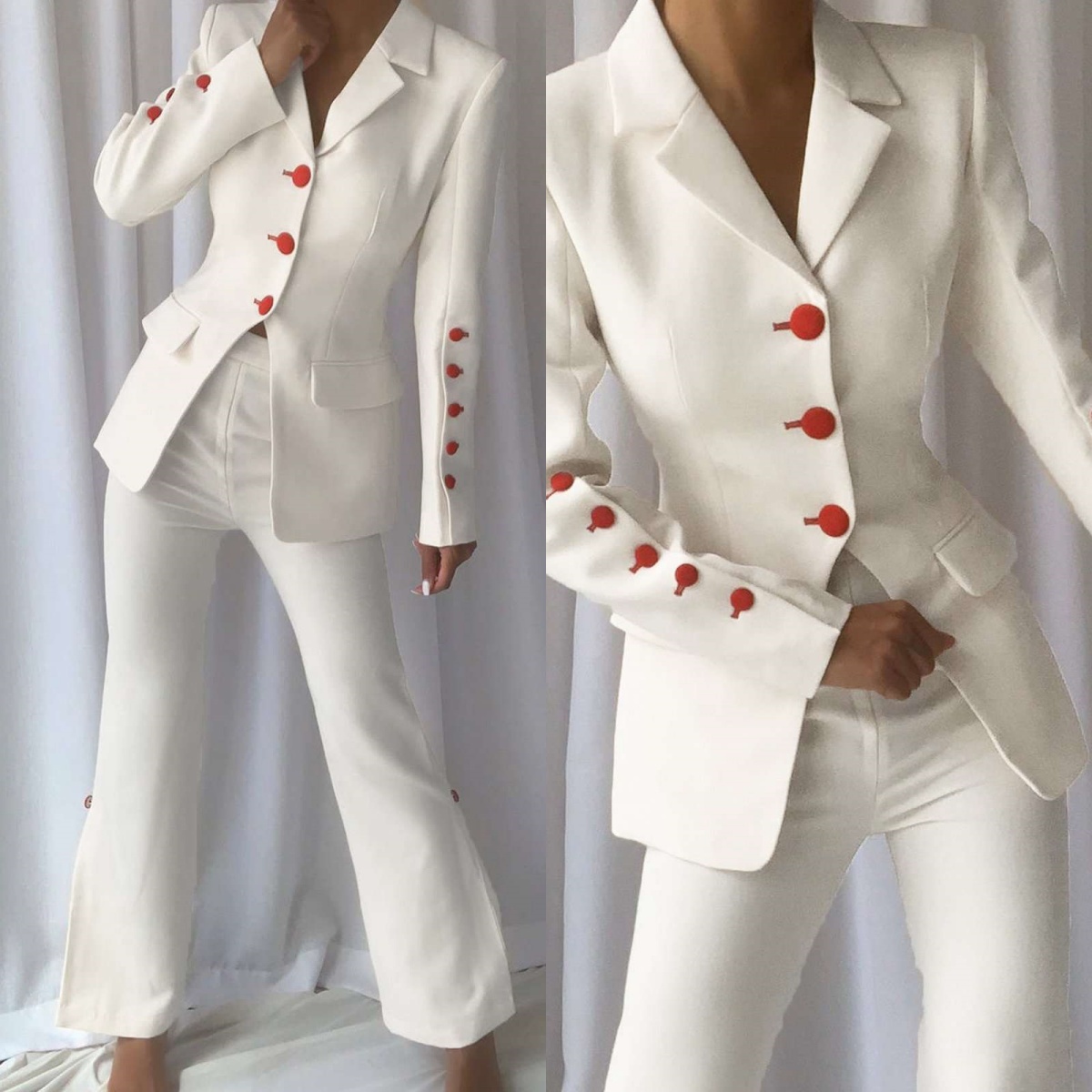 Women Formal Wear With Tie - Red White Women Office Suits Single-breasted