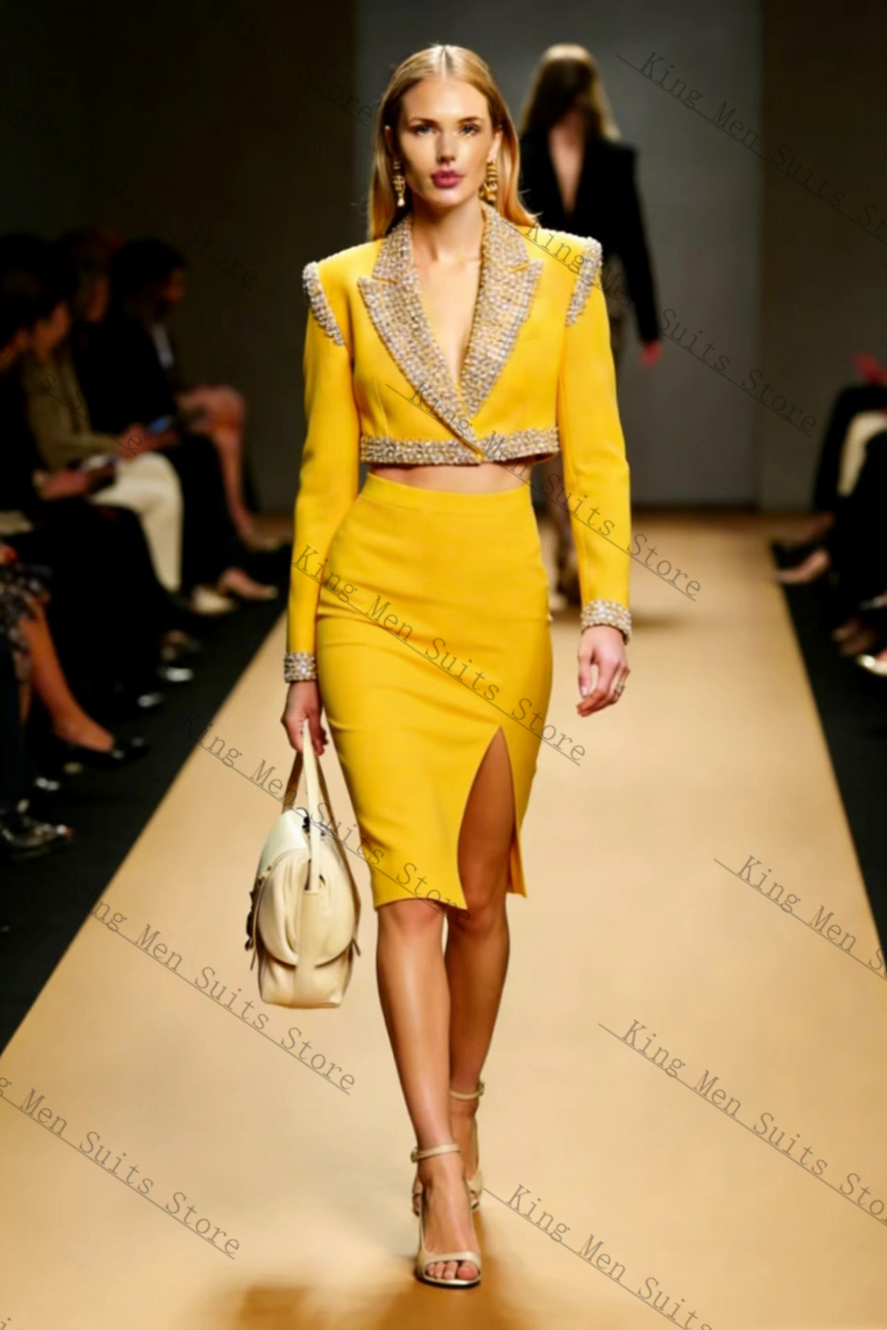 Women Formal Wear With Skirt - Yellow Crystals Women Suit Skirt Set