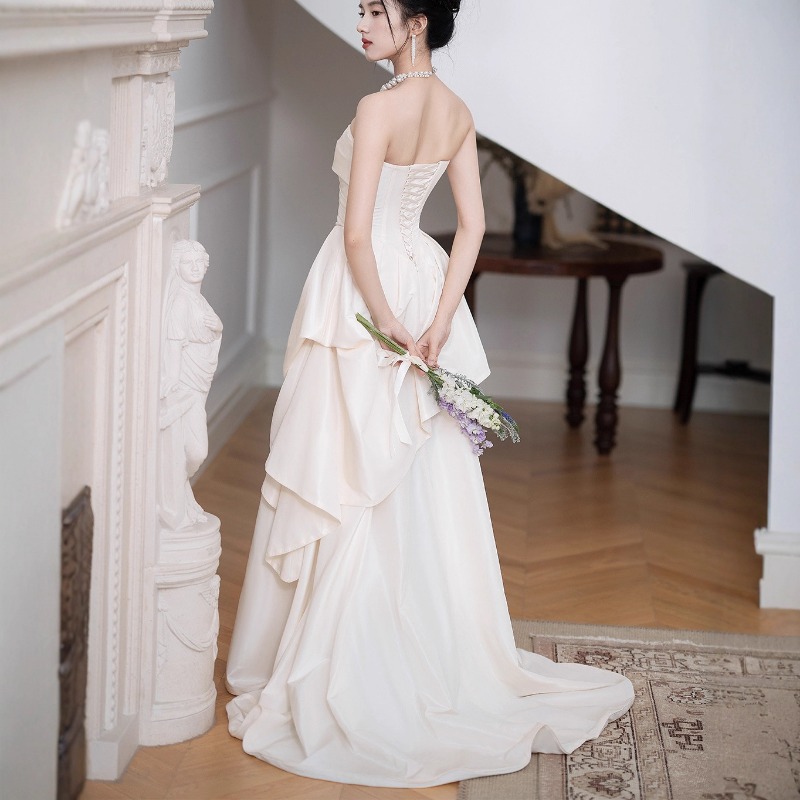 Women Formal Wear For Wedding - French Strapless Bride Engagement Dress, Female