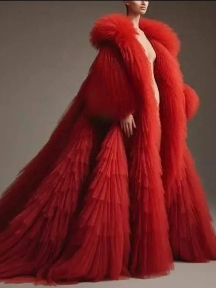 Red Fluffy Pleated Ruffled Lon - Women'S Red Formal Wear recension och pris