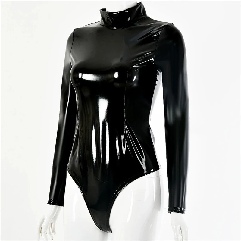 Womens Faux Latex PVC Mirror P - Turtleneck Bodysuit Office recension och pris