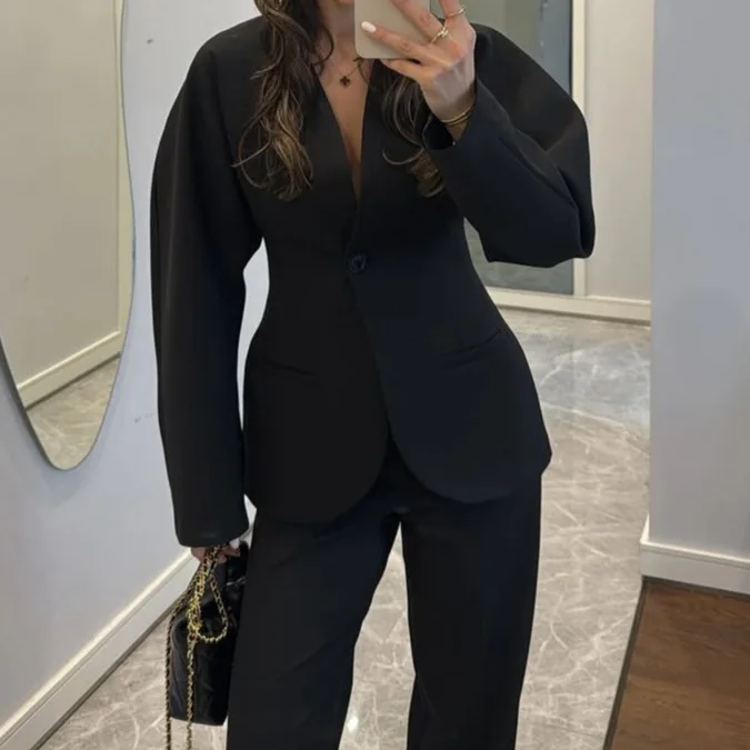 2025 New Women Black V Neck Wa - Women Formal Wear With Tie recension och pris
